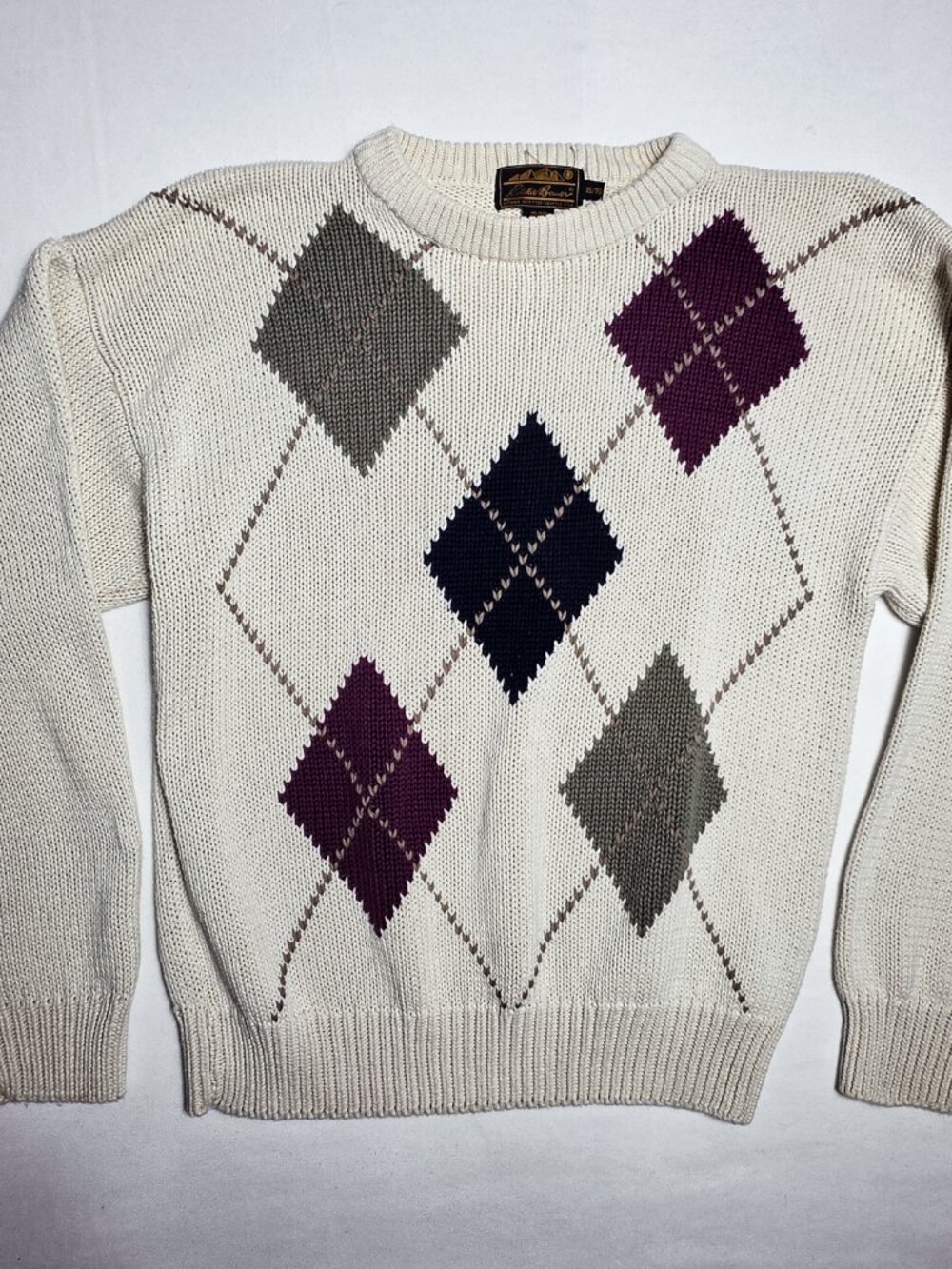 XL Vintage 90s eddie bauer argyle knit crewneck sweater cream grey purple Peppy